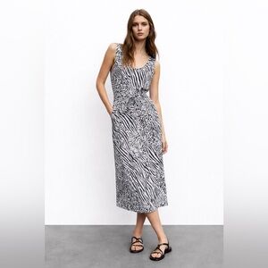 Soma WKND Animal Print Midi Dress Tie Waist Sleeveless Black White Large L